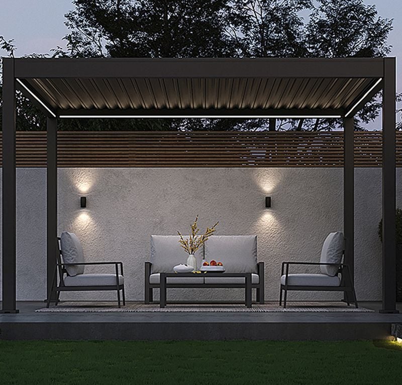 INTRO PLUS motorized louvered pergola with lighting for a residential garden