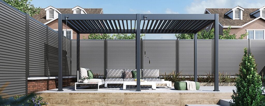 NEO STEEL manual louvered pergola with steel louvres in a backyard garden