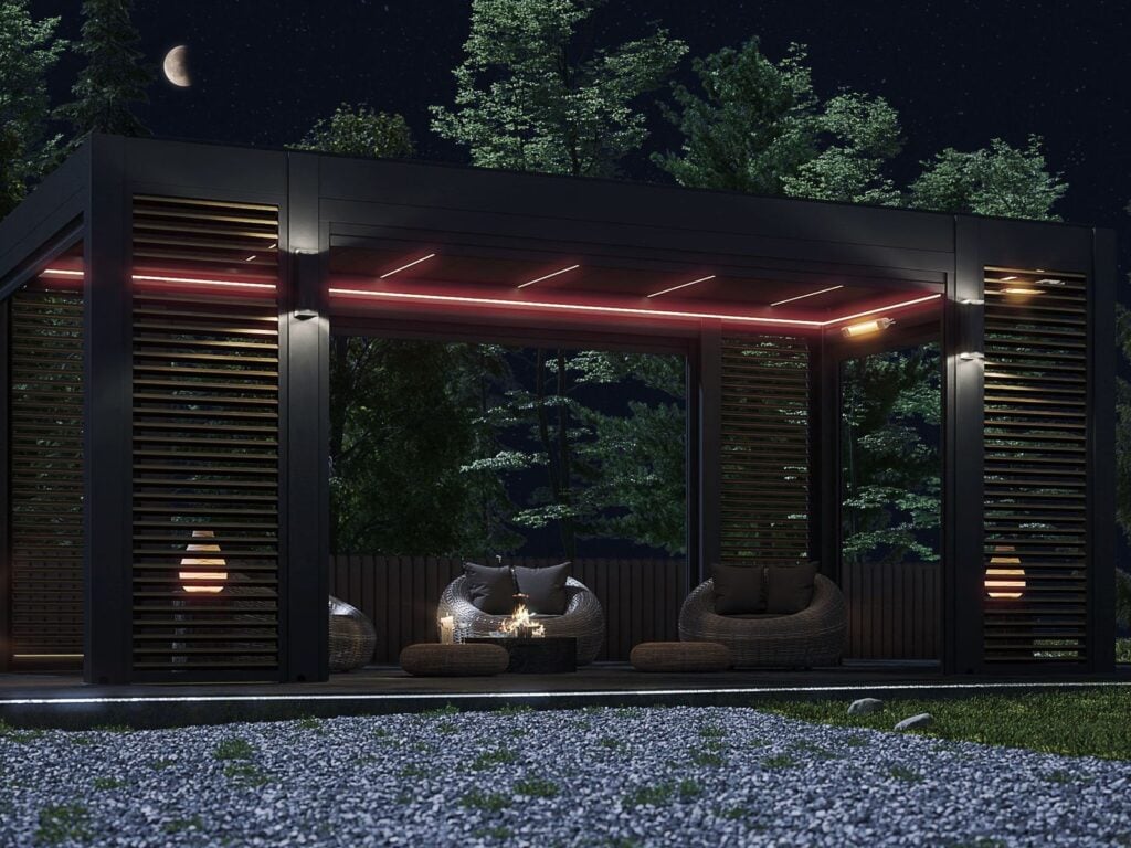 Integrated pergola lighting in a louvered aluminum pergola for evening outdoor resting | PRESTIGE by Outdoor Creation