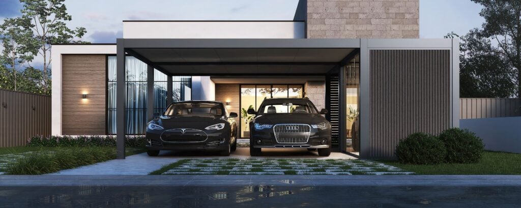 Front view of Carport Prestige aluminum double carport with integrated storage and two parked cars
