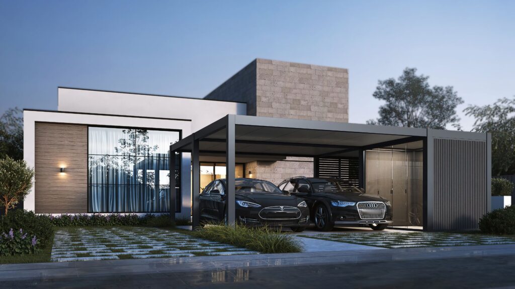 Carport Prestige heavy-duty aluminum double carport with integrated storage beside a modern villa at dusk