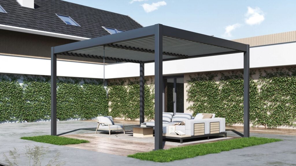INTRO DUO manual aluminum louvered pergola with split roof system