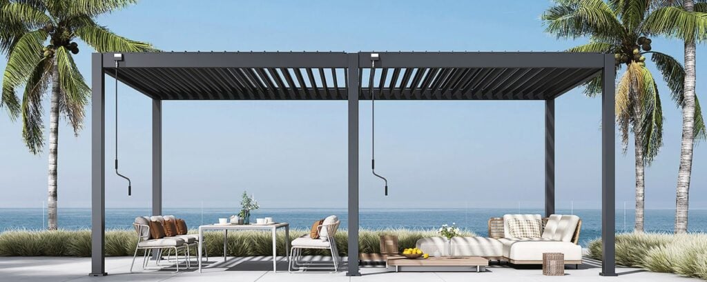 aluminum louvered pergola for outdoor shade on a seaside patio