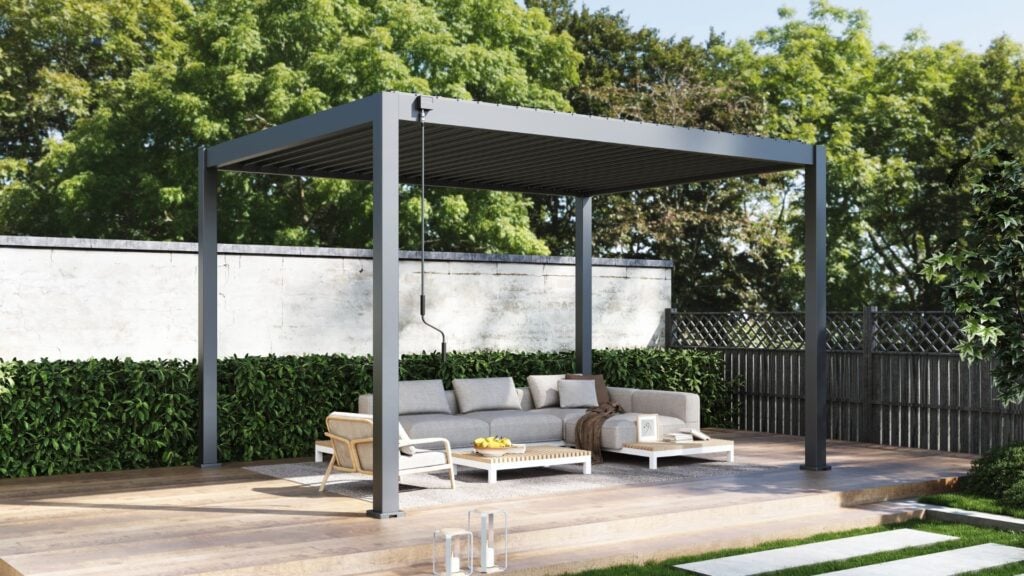 NEO STEEL manual louvered pergola with steel louvres for a residential patio