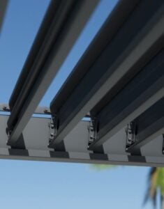 Open louver roof channels directing rainwater into pergola gutters