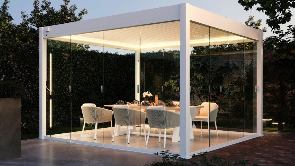 PRIME PLUS motorized louvered pergola with enhanced structural support and beam LED lighting integrated along aluminum pergola frame profiles