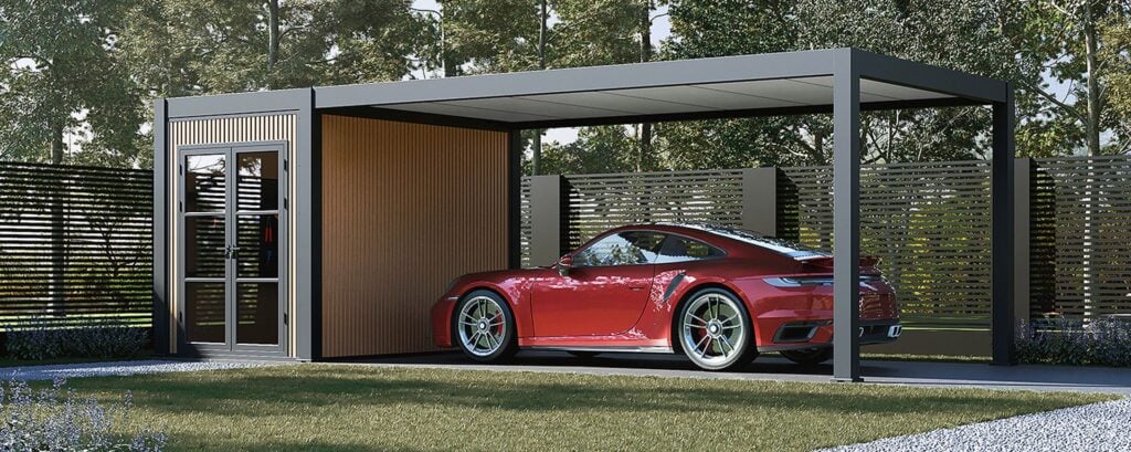 Modular aluminum carport with attached storage module and red sports car
