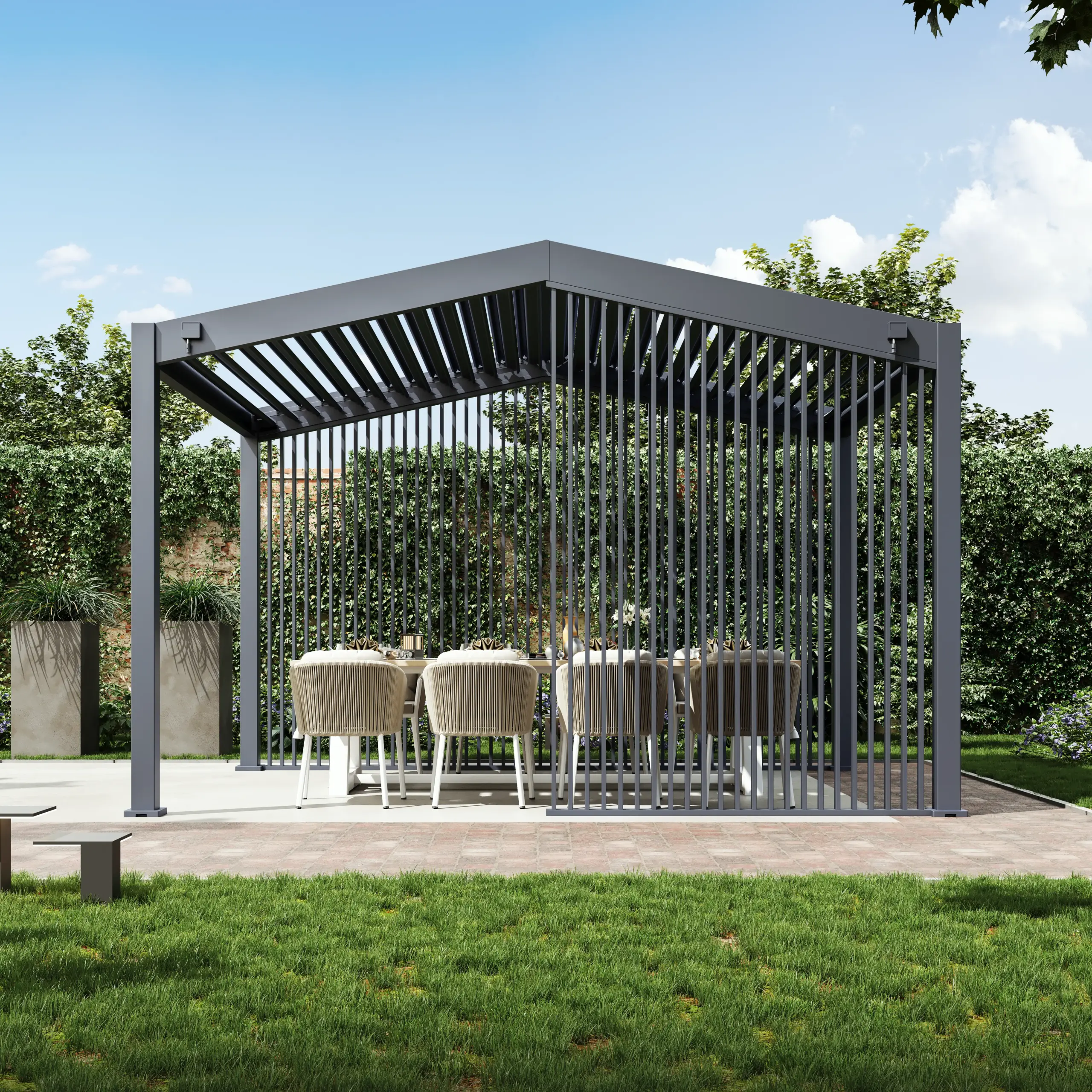 APEX manual gable roof aluminum pergola with vertical slats for an outdoor dining area