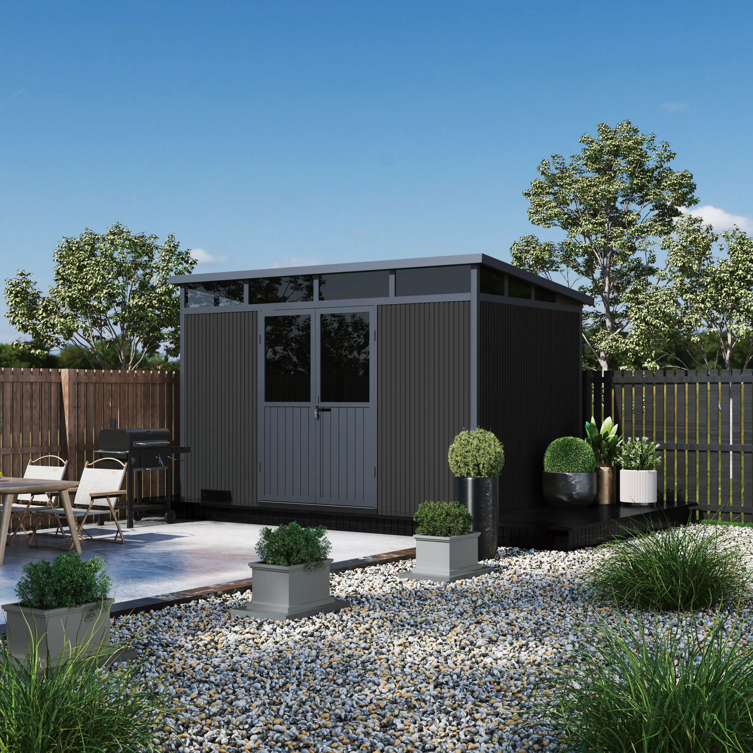 GARDEN SHED M aluminum garden shed in a dark exterior finish