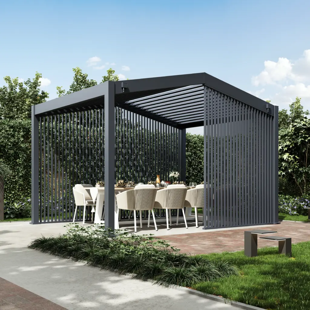 APEX freestanding gabled aluminum louvered pergola with vertical side slats in a garden