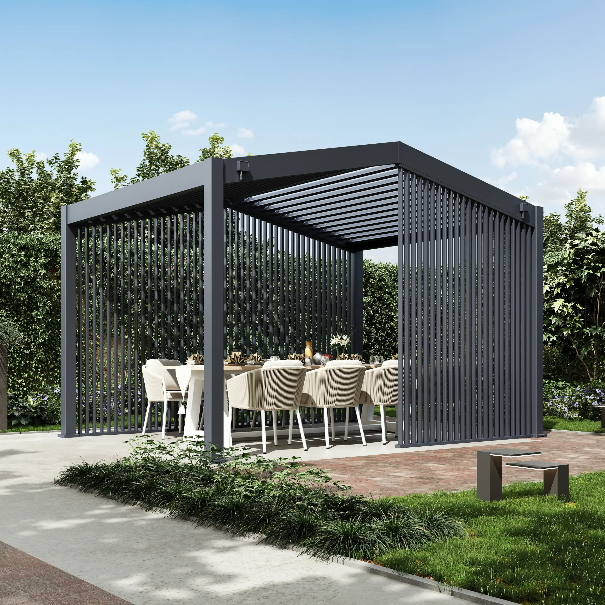 APEX freestanding gabled aluminum louvered pergola with vertical side slats in a garden