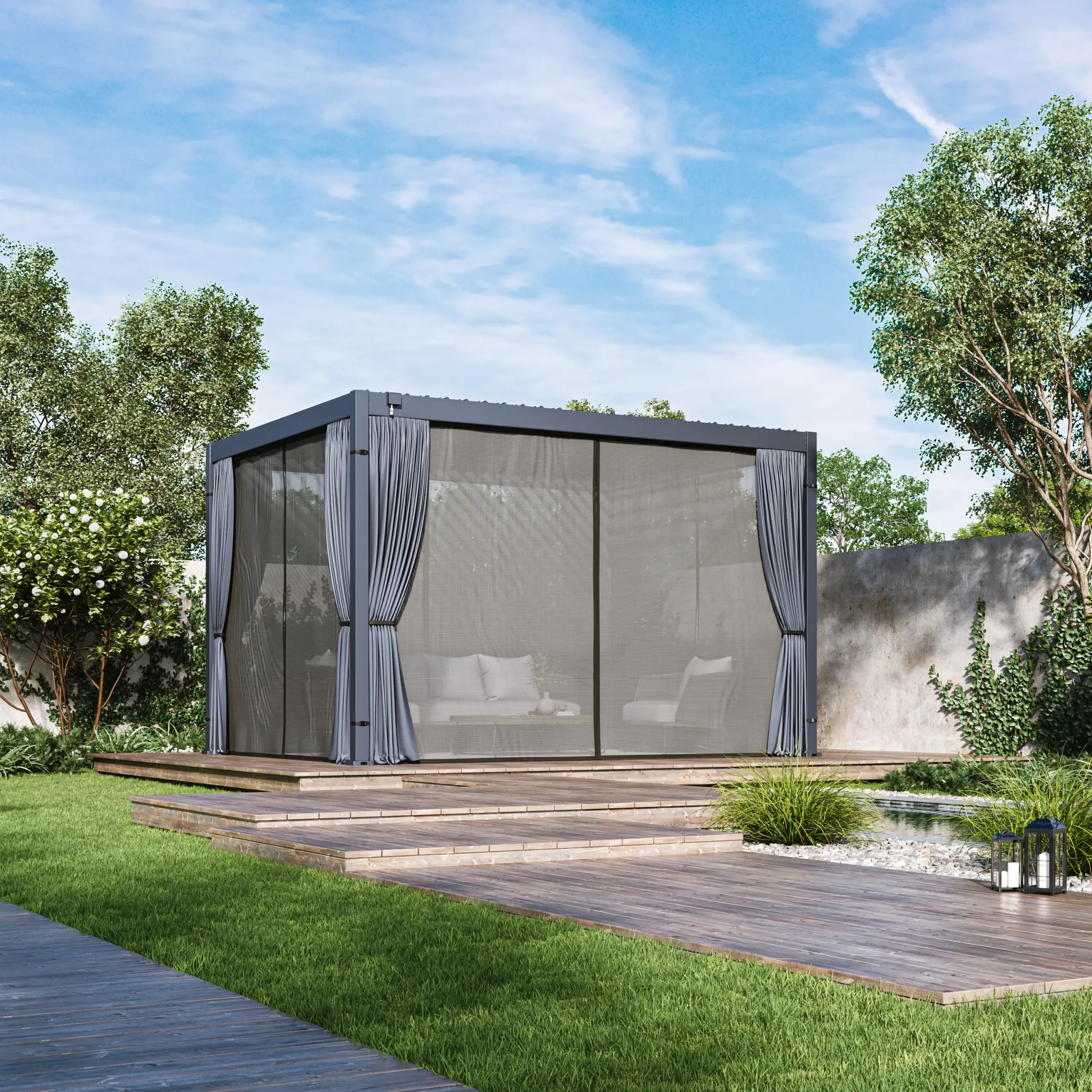 ECOLINE steel louvered pergola enclosed with outdoor curtains and mosquito net panels