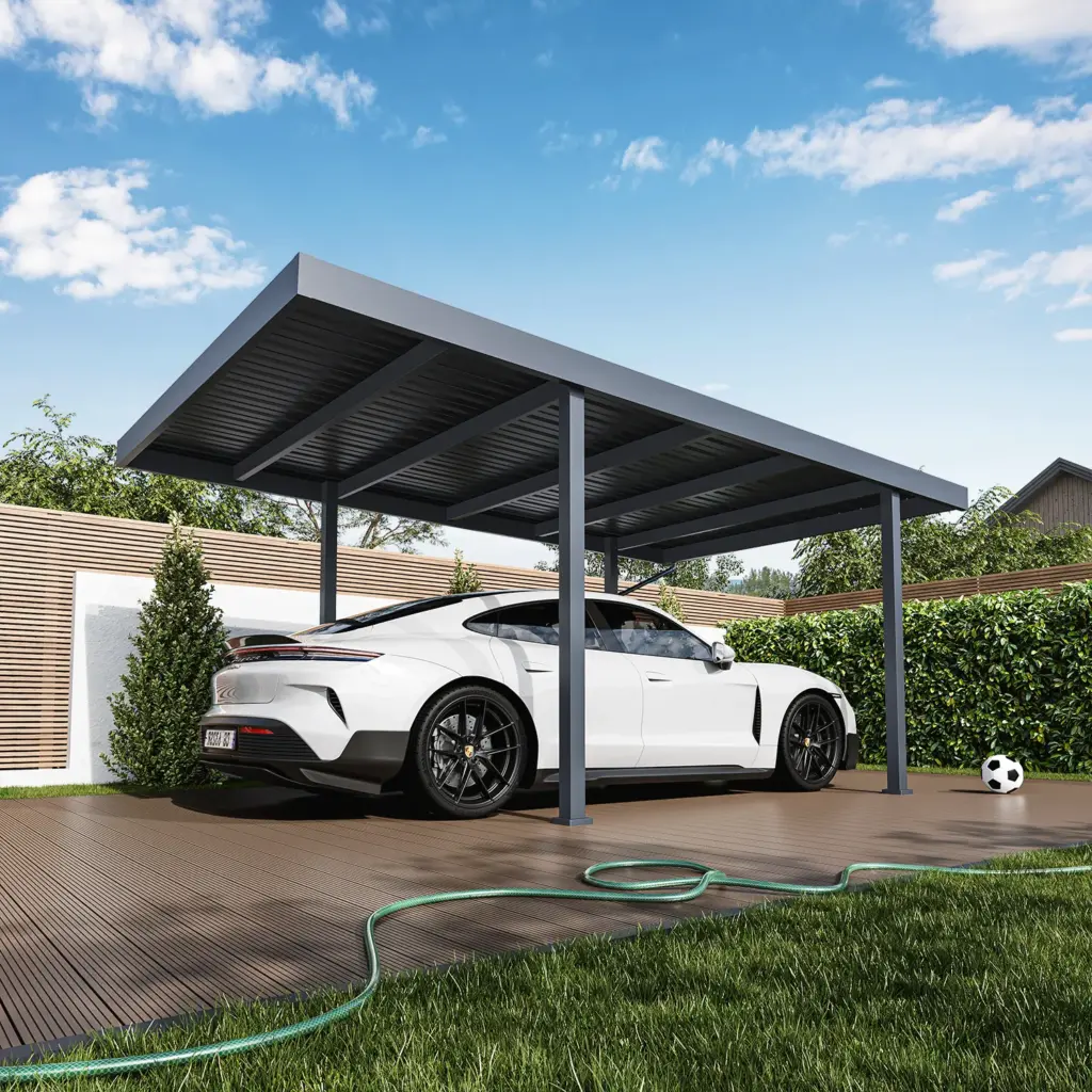 CARPORT METTA freestanding steel carport covering one vehicle in a residential driveway