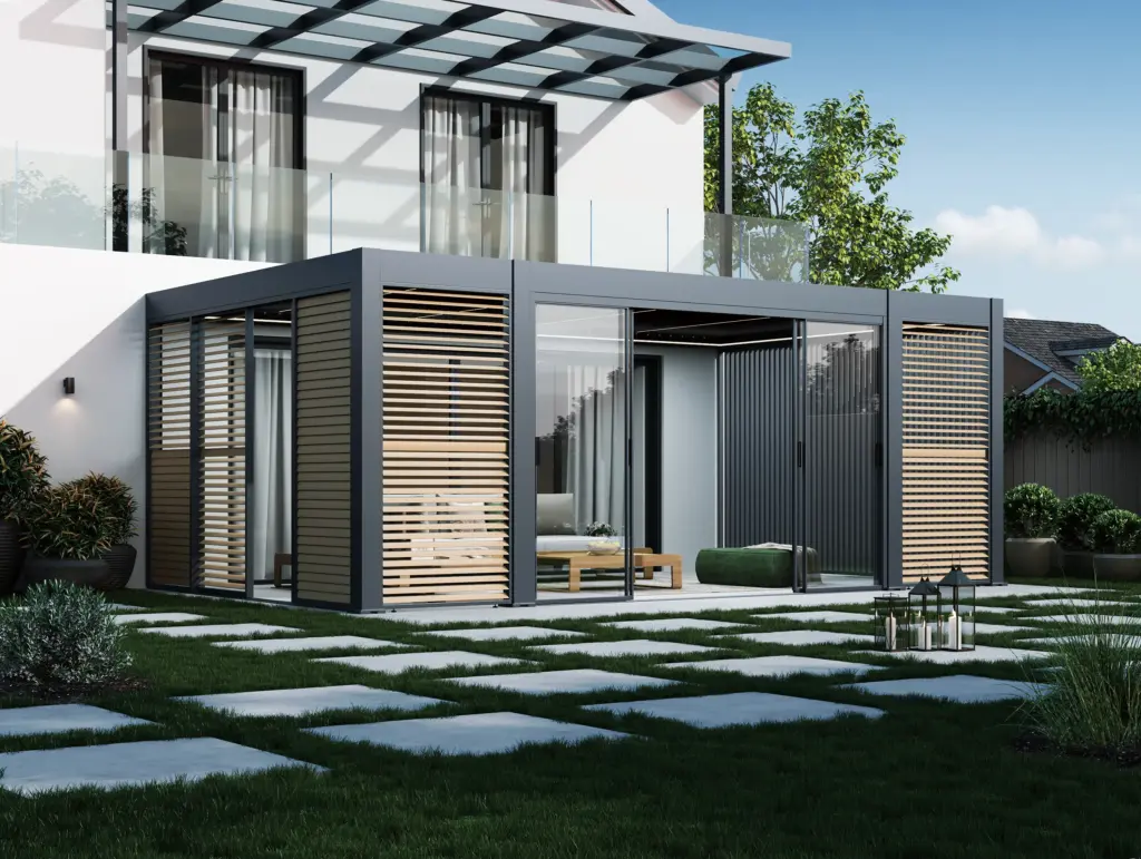 PRESTIGE premium motorized aluminum louvered pergola with integrated side slats in a modern villa garden