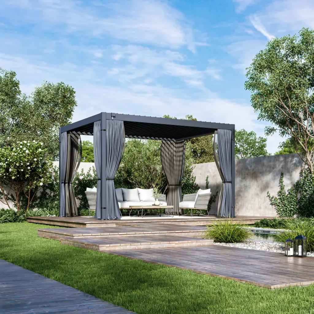 Freestanding steel louvered pergola with manual adjustable roof
