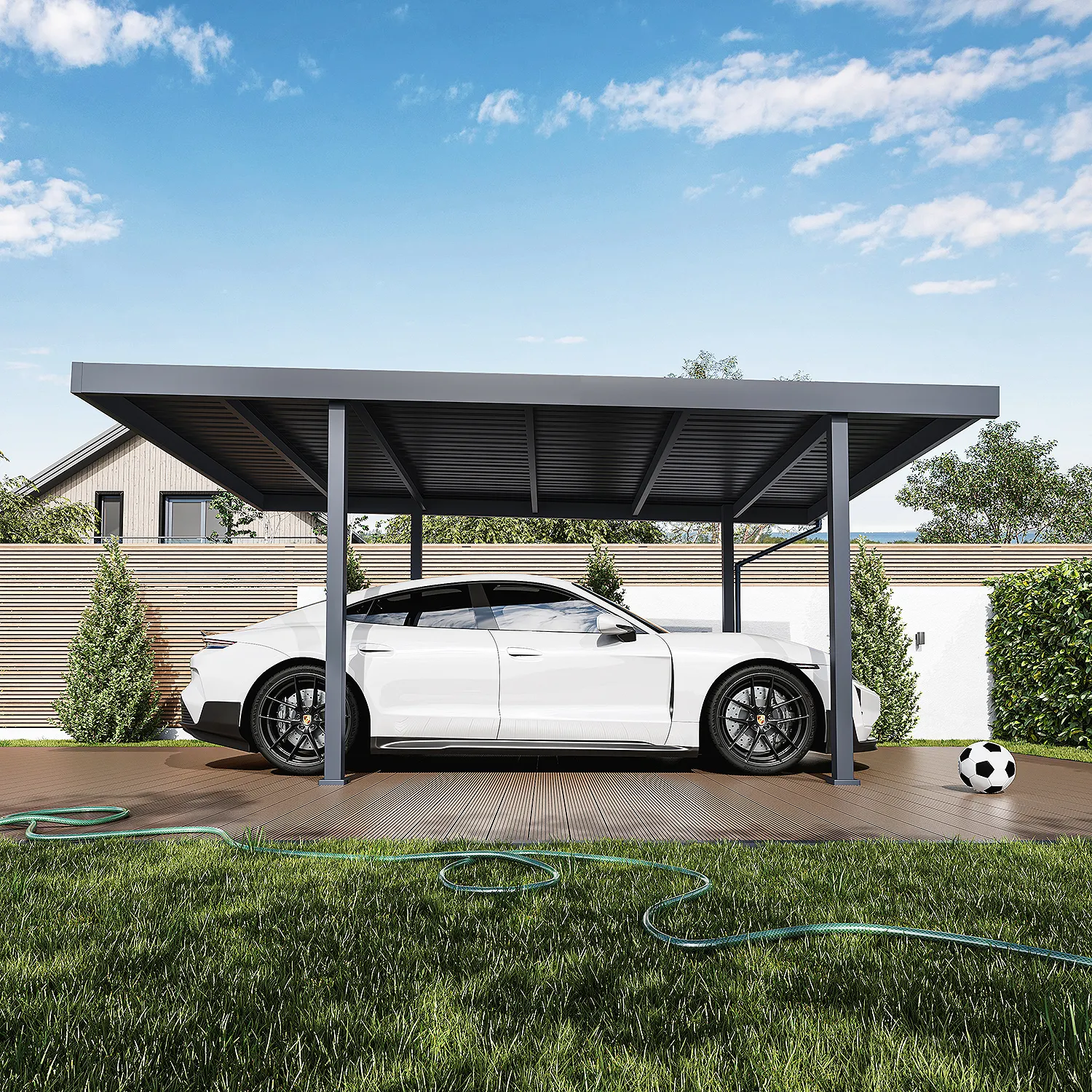 Side view of CARPORT METTA single-car steel carport with fixed roof and four-post frame