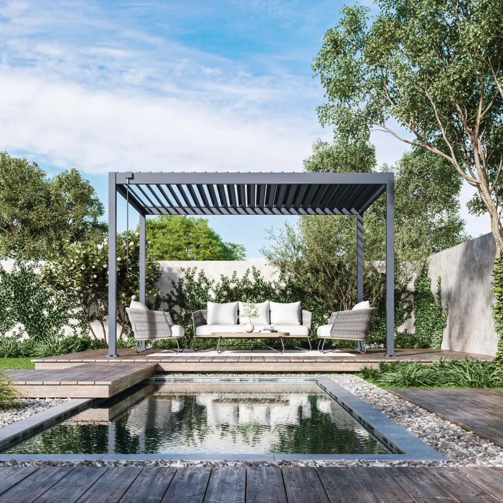 ECOLINE freestanding manual steel louvered pergola with open roof louvres in a garden patio