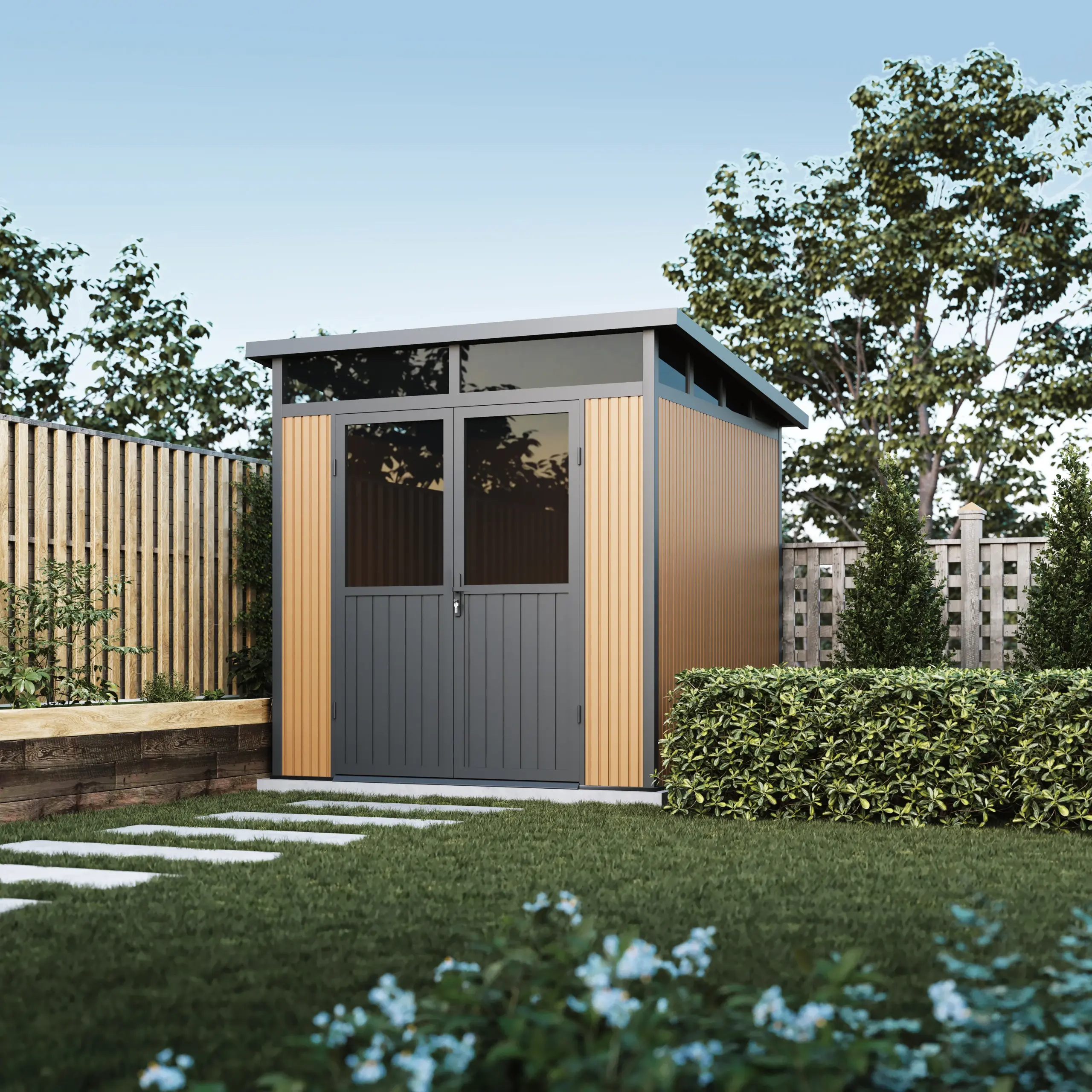 WPC wall cladding and PMMA aluminum door detail on GARDEN SHED M