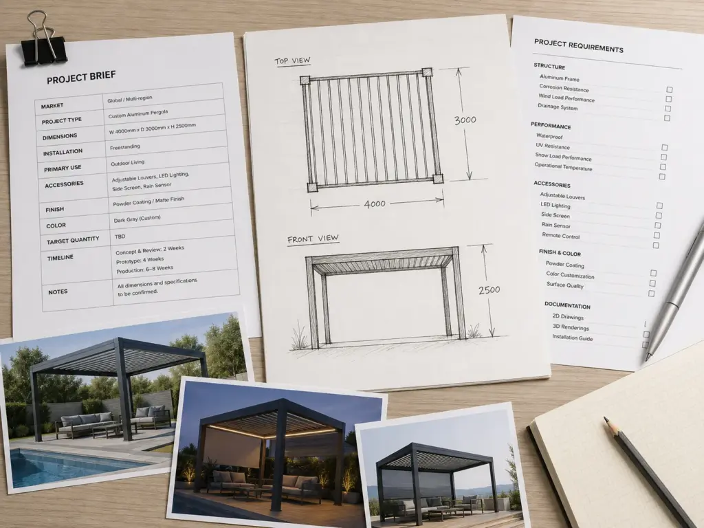 custom aluminum pergola design brief and project requirements