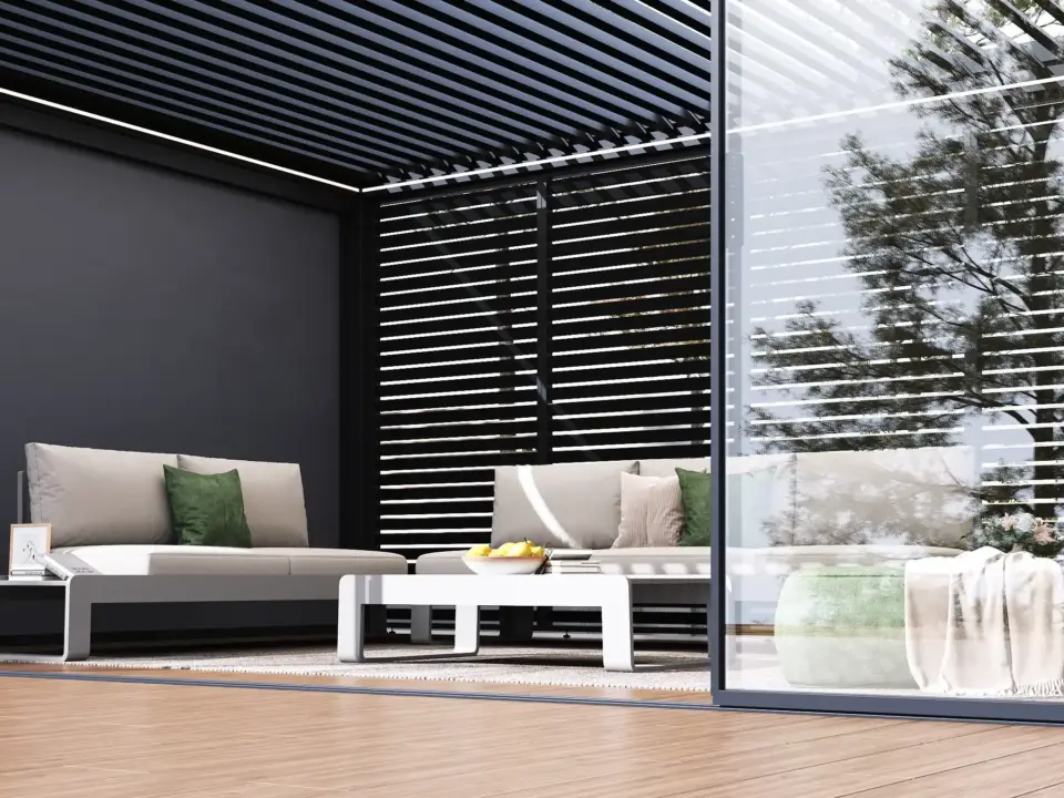 Pergola with slimline sliding glass door enclosure