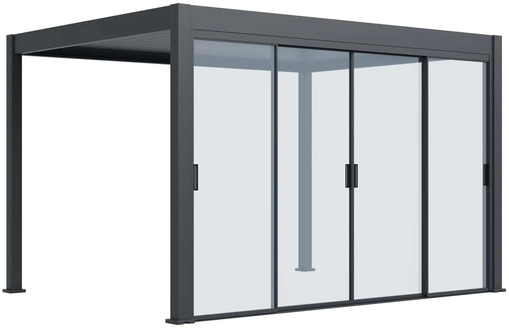 Slimline frame sliding glass door installed on aluminum pergola